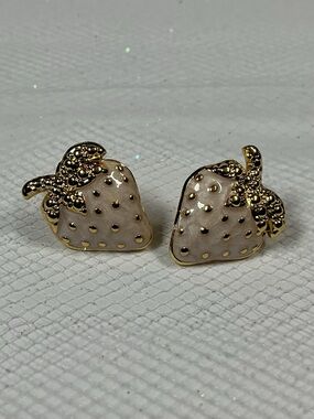 Gold Hand Painted Enamel Strawberry Stud Earrings Hypoallergenic
